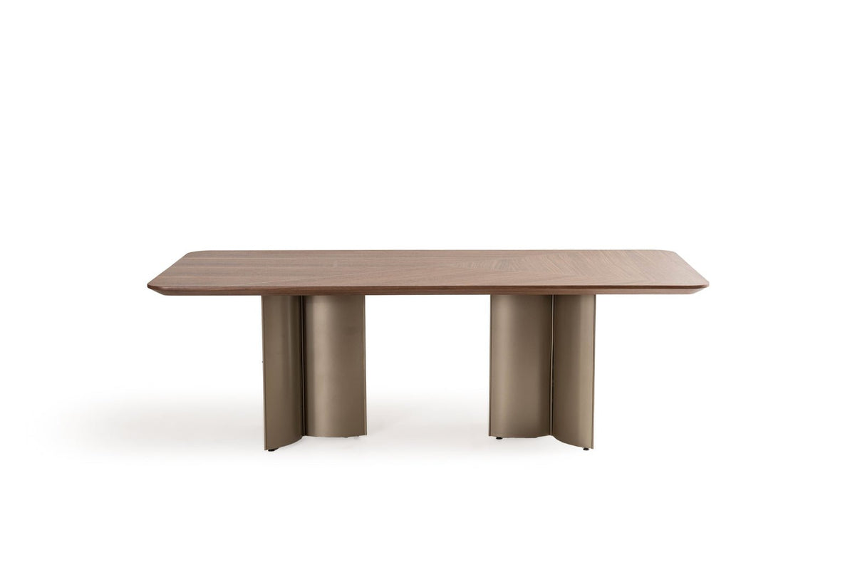Cozy Masa dikdörtgen ceviz tabla, iki bronz rengi metal panel ayak, önden görünüm