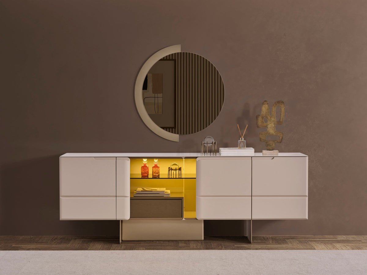 Nordic Luxury Konsol + Ayna krem konsol, ışıklı açık bölme, yarım daire çerçeveli yuvarlak ayna, önden