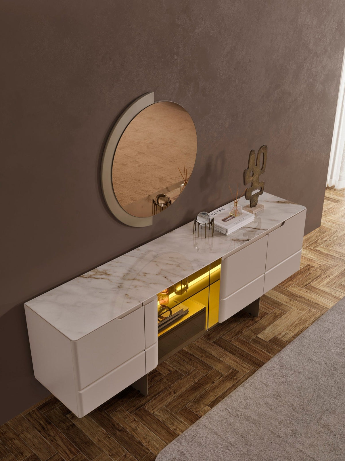 Nordic Luxury Konsol + Ayna krem konsol ve yuvarlak ayna, kahverengi duvarda üstten açılı görünüm