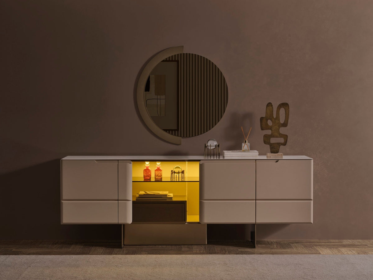 Nordic Luxury Konsol + Ayna krem konsol ve yarım daire detaylı yuvarlak ayna, kahverengi duvarda önden