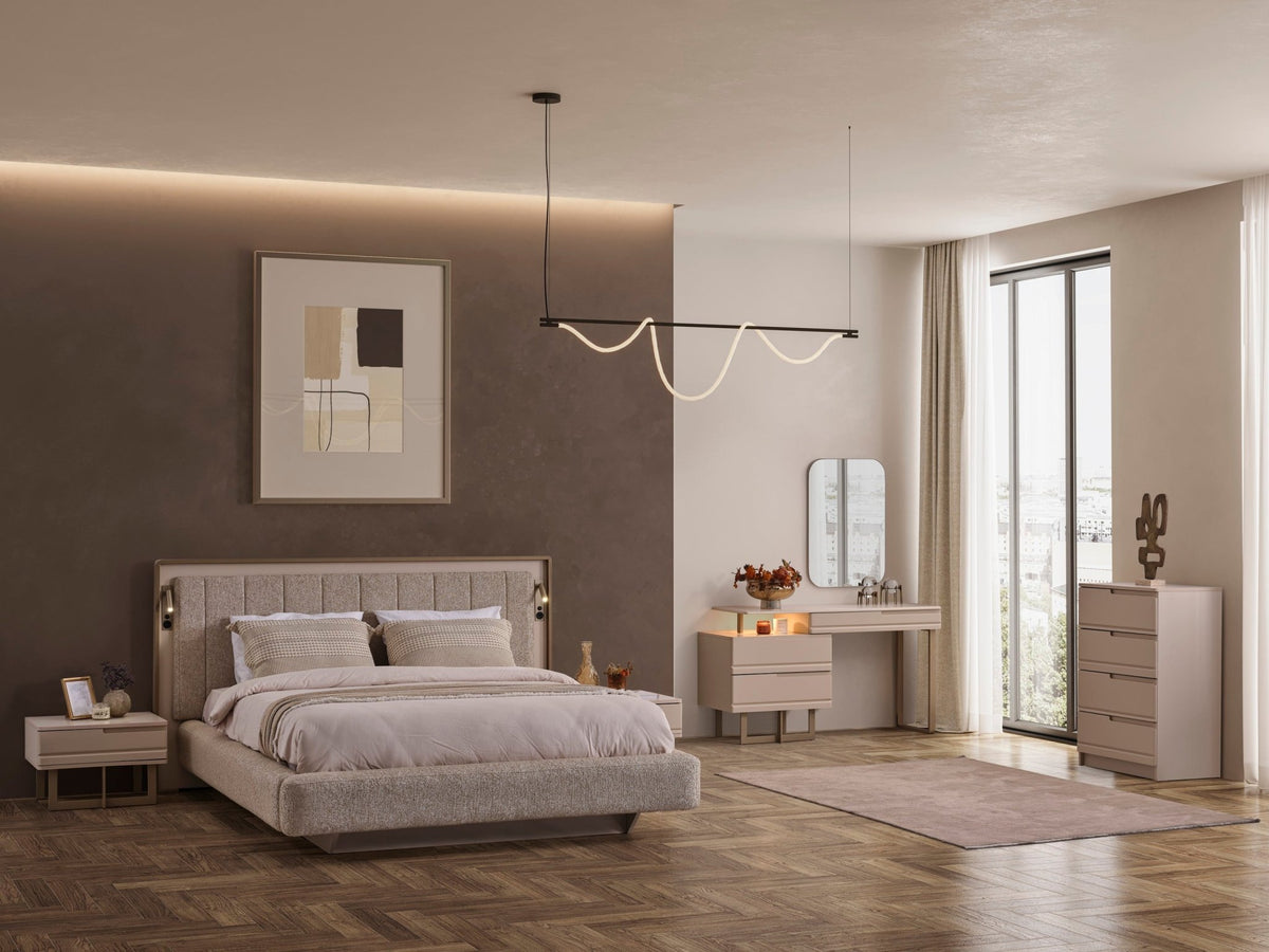 Nordic Luxury Yatak Odası Takımı karyola ve komodinler önde, sağda makyaj masası ve şifonyer